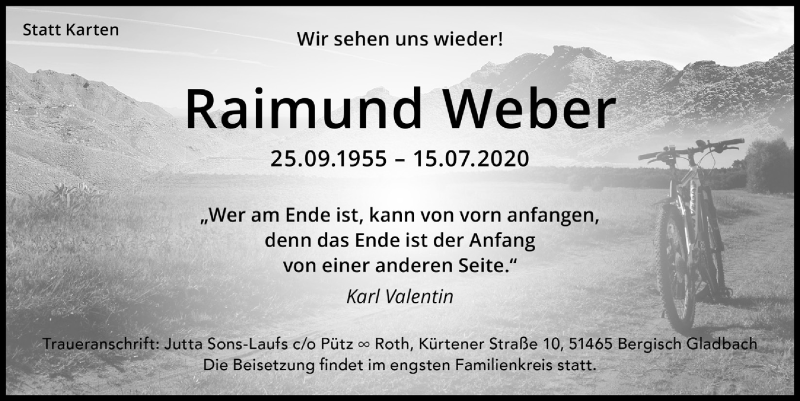  Traueranzeige für Raimund Weber vom 24.07.2020 aus  Bergisches Handelsblatt 