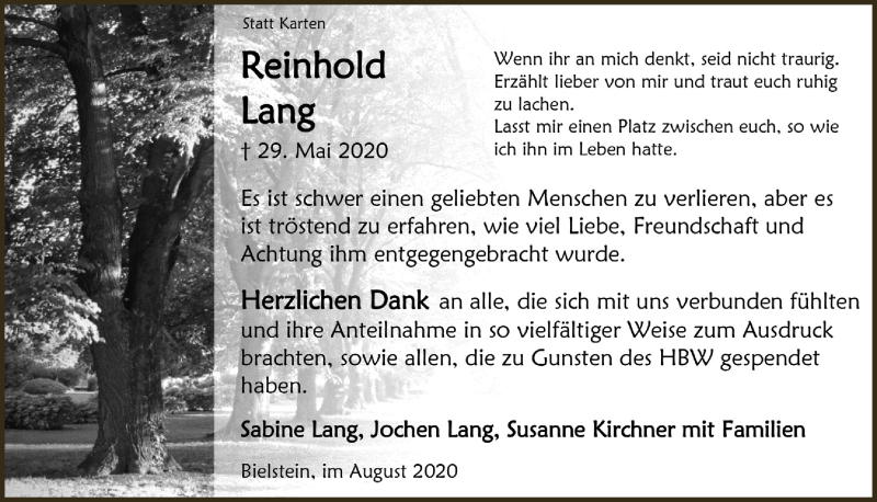 Traueranzeige für Reinhold Lang vom 31.07.2020 aus  Anzeigen Echo 