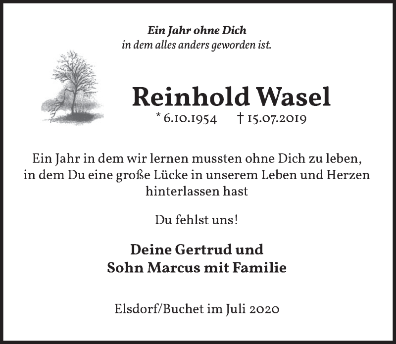 Traueranzeige für Reinhold Wasel vom 10.07.2020 aus  Werbepost 
