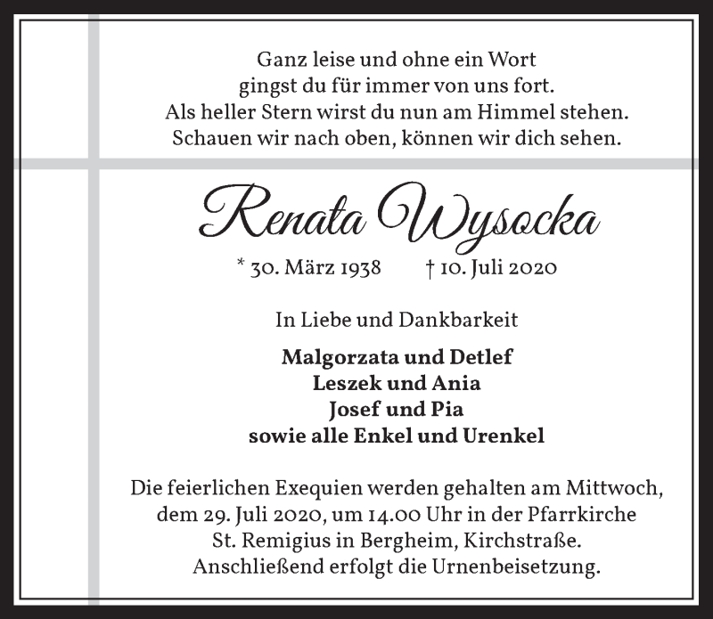  Traueranzeige für Renata Wysocka vom 24.07.2020 aus  Werbepost 