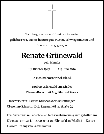 Anzeige von Renate Grünewald von Kölner Stadt-Anzeiger / Kölnische Rundschau / Express