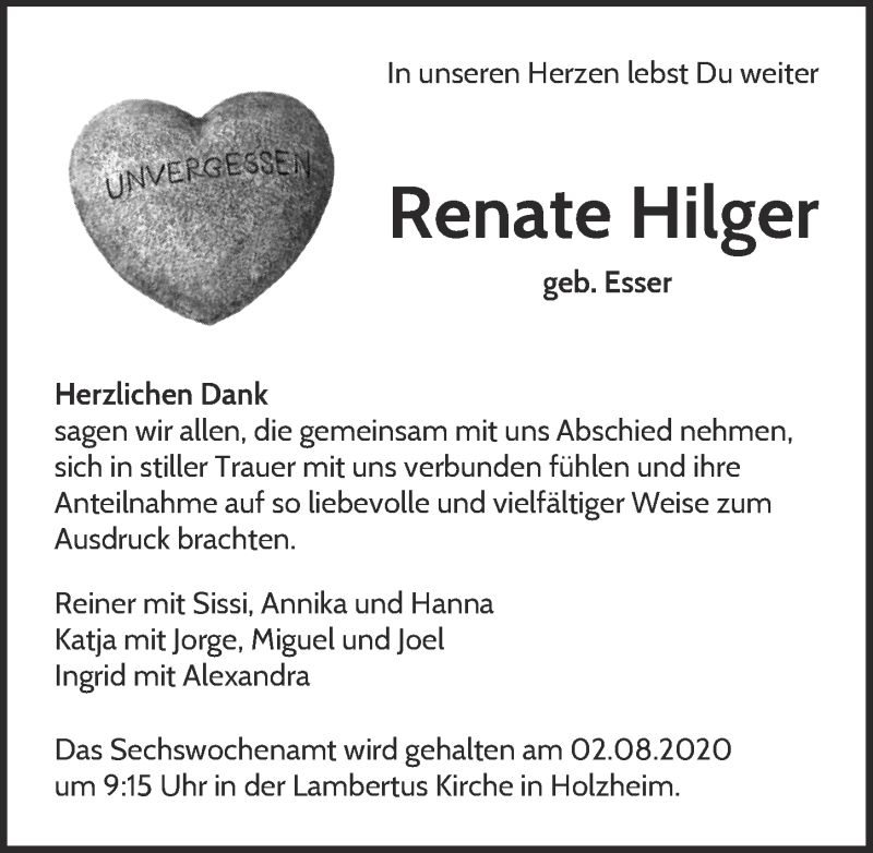  Traueranzeige für Renate Hilger vom 25.07.2020 aus  Blickpunkt Euskirchen 
