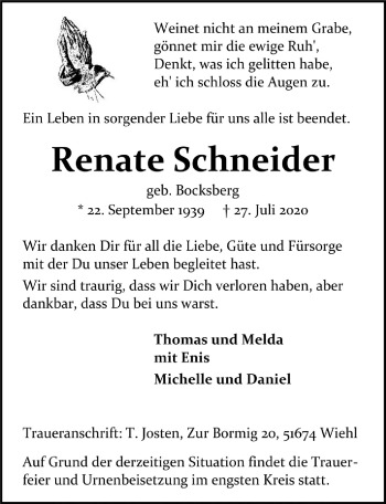 Anzeige von Renate Schneider von  Anzeigen Echo 