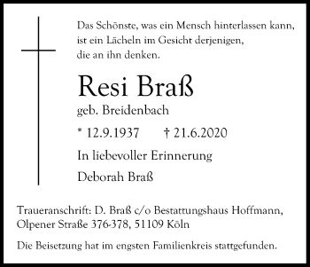 Anzeige von Resi Braß von Kölner Stadt-Anzeiger / Kölnische Rundschau / Express