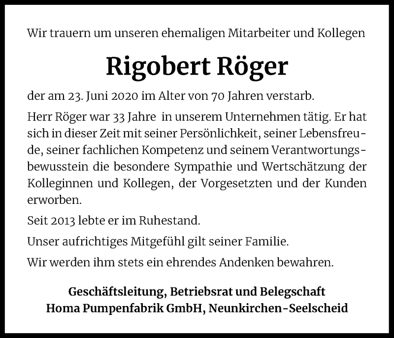  Traueranzeige für Rigobert  Röger vom 04.07.2020 aus Kölner Stadt-Anzeiger / Kölnische Rundschau / Express