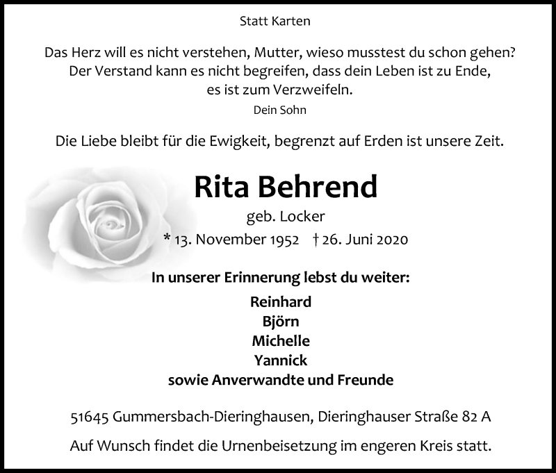  Traueranzeige für Rita Behrend vom 07.07.2020 aus Kölner Stadt-Anzeiger / Kölnische Rundschau / Express