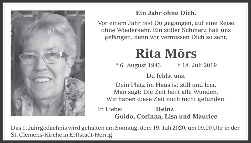  Traueranzeige für Rita Mörs vom 10.07.2020 aus  Werbepost 