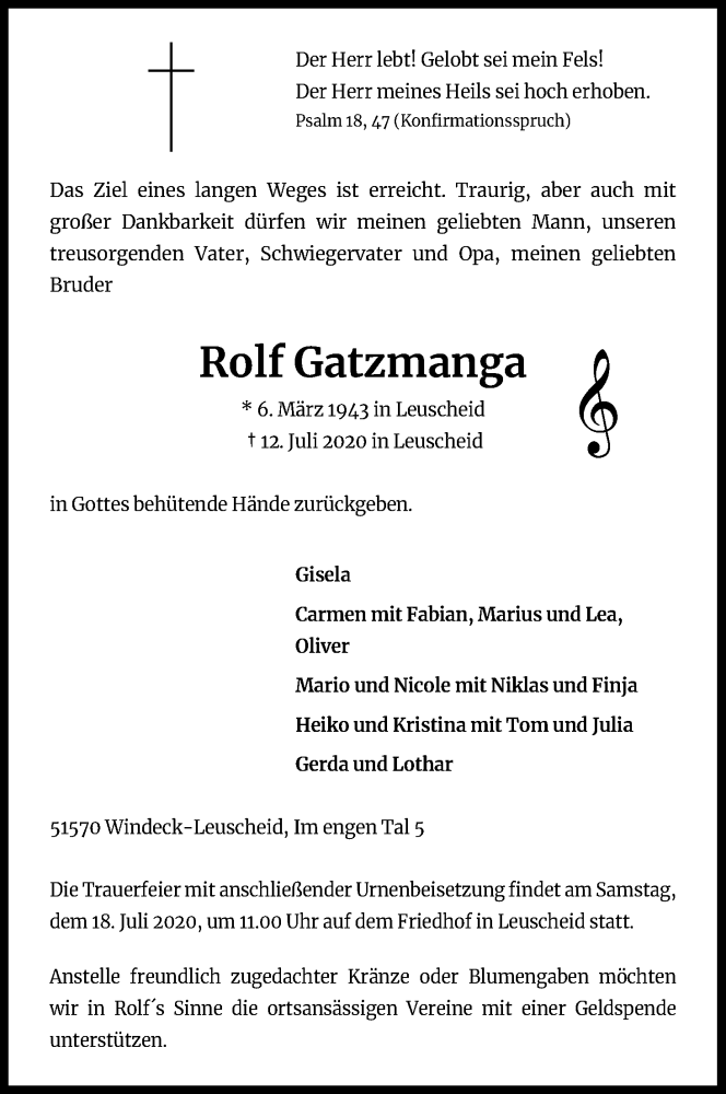  Traueranzeige für Rolf Gatzmanga vom 16.07.2020 aus Kölner Stadt-Anzeiger / Kölnische Rundschau / Express