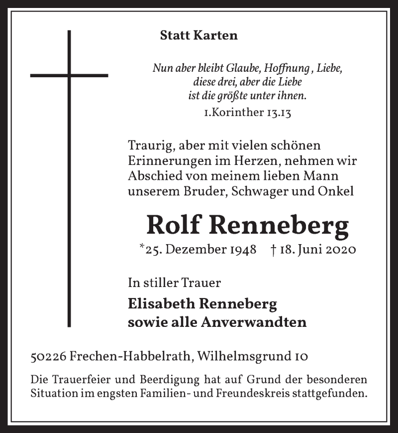  Traueranzeige für Rolf Renneberg vom 03.07.2020 aus  Werbepost 