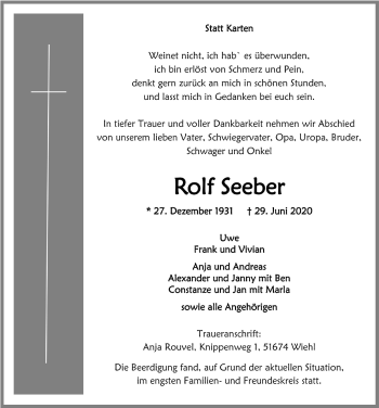 Anzeige von Rolf Seeber von  Anzeigen Echo 