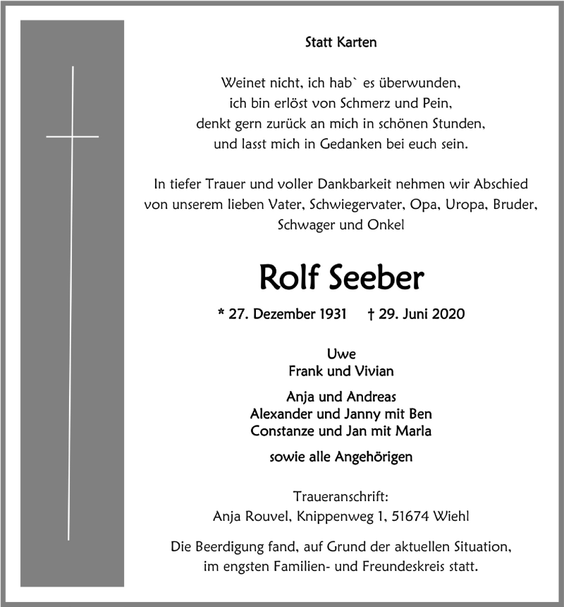  Traueranzeige für Rolf Seeber vom 10.07.2020 aus  Anzeigen Echo 