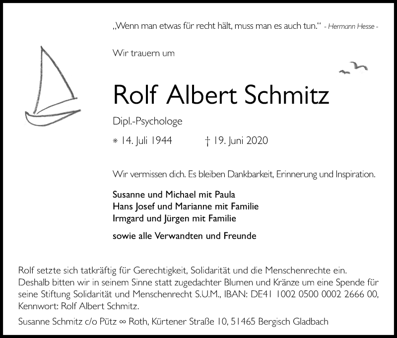  Traueranzeige für Rolf Albert Schmitz vom 04.07.2020 aus Kölner Stadt-Anzeiger / Kölnische Rundschau / Express