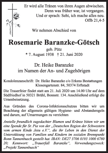 Anzeige von Rosemarie Baranzke-Götsch von  Schlossbote/Werbekurier 