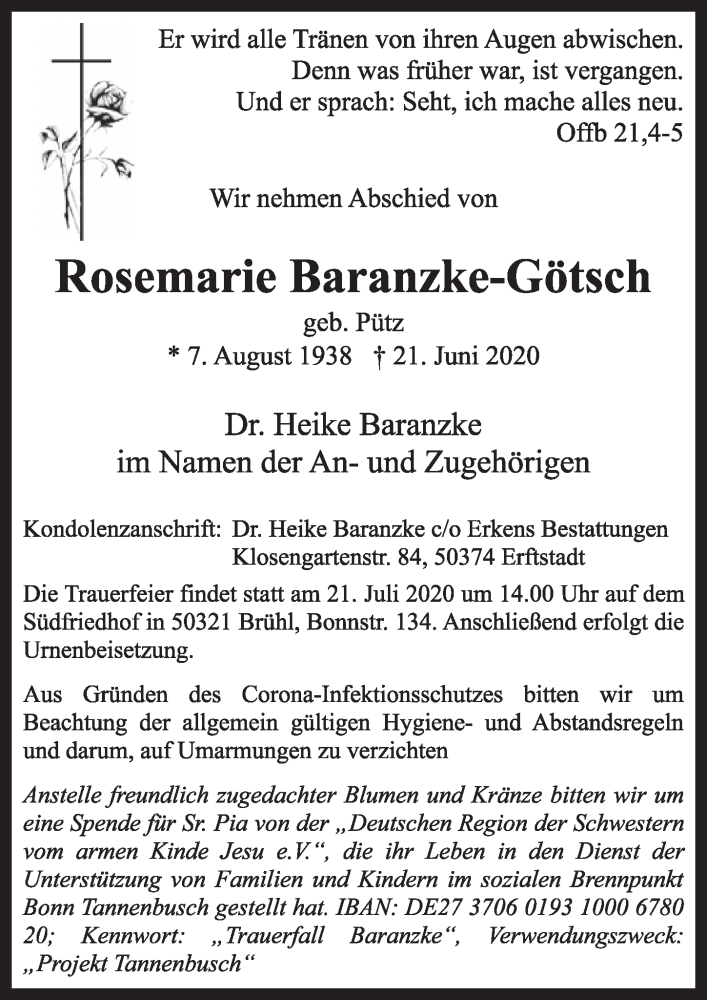  Traueranzeige für Rosemarie Baranzke-Götsch vom 10.07.2020 aus  Schlossbote/Werbekurier 