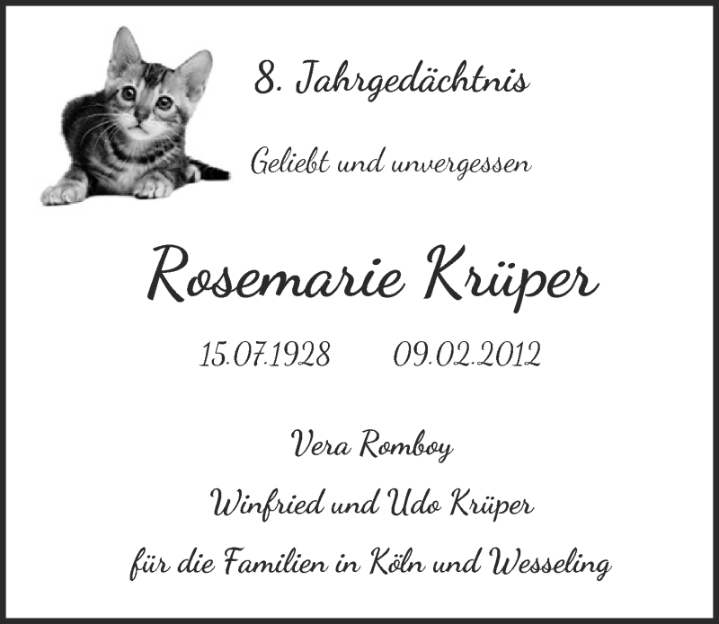  Traueranzeige für Rosemarie Krüper vom 10.07.2020 aus  Kölner Wochenspiegel 