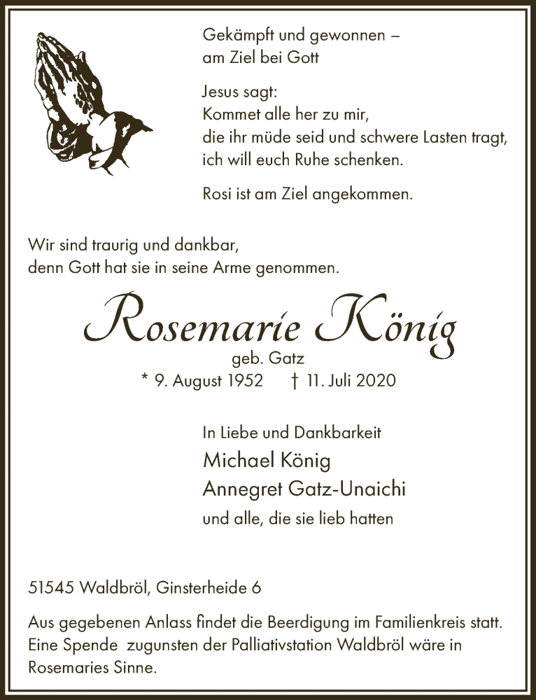  Traueranzeige für Rosemarie König vom 17.07.2020 aus  Lokalanzeiger 