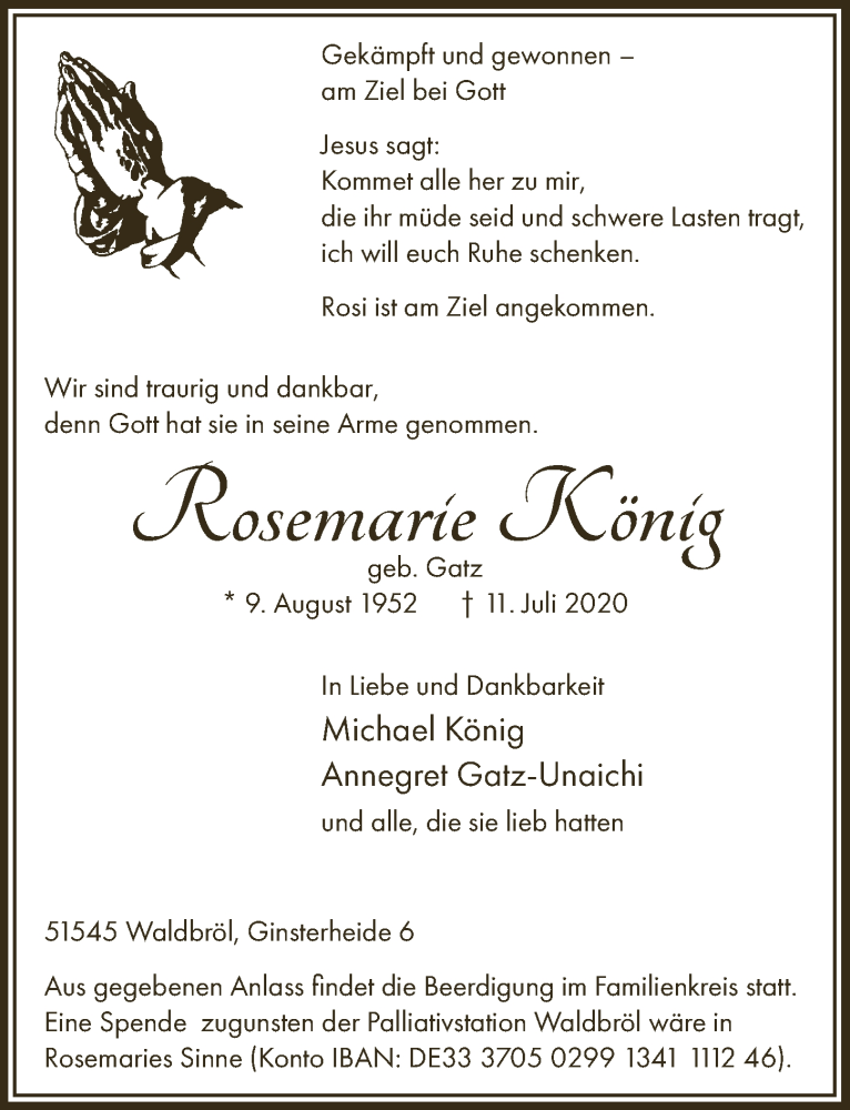  Traueranzeige für Rosemarie König vom 24.07.2020 aus  Lokalanzeiger 