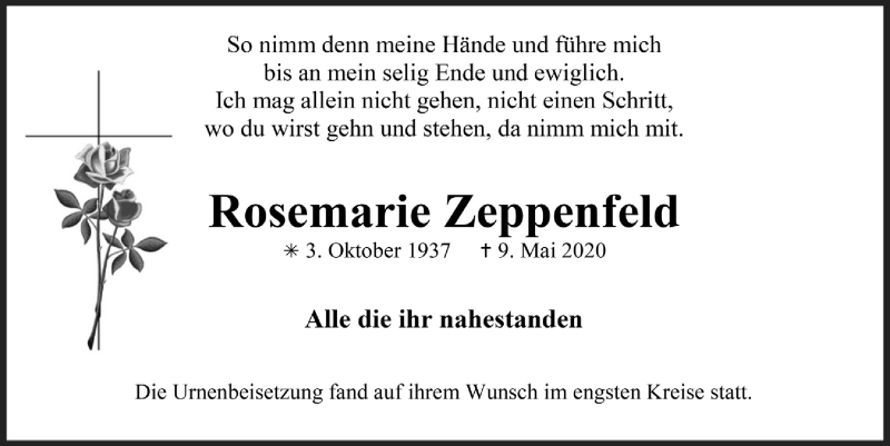 Traueranzeige für Rosemarie Zeppenfeld vom 17.07.2020 aus  Anzeigen Echo 