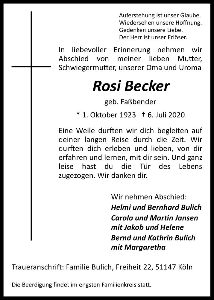  Traueranzeige für Rosi Becker vom 11.07.2020 aus Kölner Stadt-Anzeiger / Kölnische Rundschau / Express