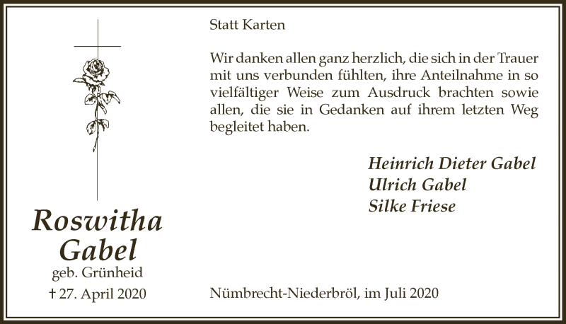  Traueranzeige für Roswitha Gabel vom 10.07.2020 aus  Lokalanzeiger 