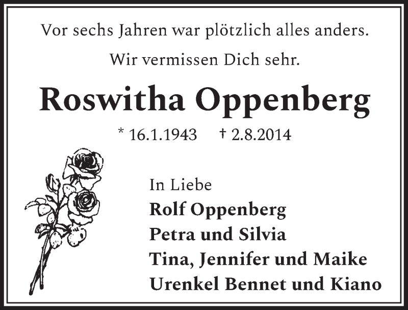  Traueranzeige für Roswitha Oppenberg vom 31.07.2020 aus  Schlossbote/Werbekurier 