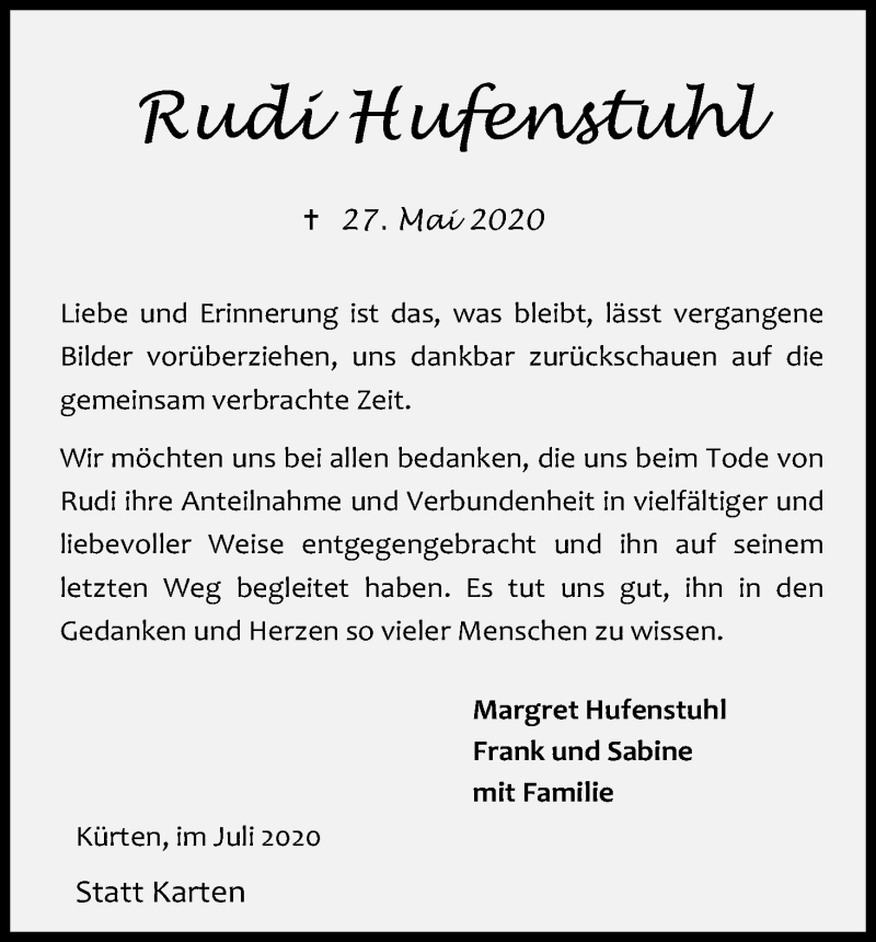  Traueranzeige für Rudi Hufenstuhl vom 11.07.2020 aus Kölner Stadt-Anzeiger / Kölnische Rundschau / Express