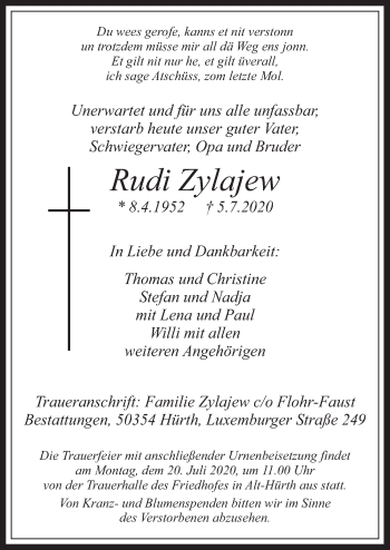 Anzeige von Rudi Zylajew von  Wochenende 