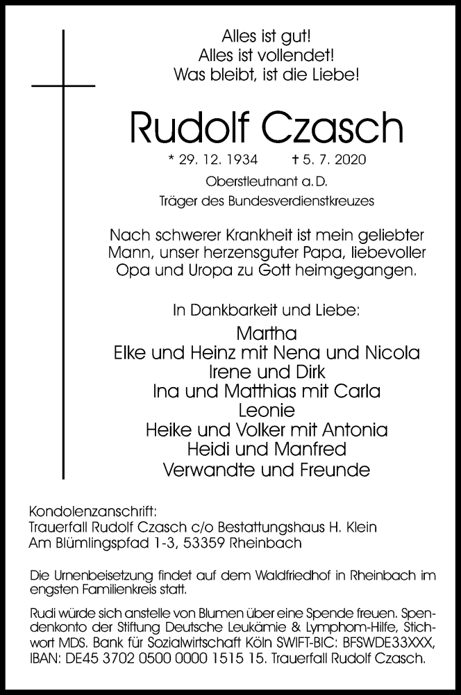  Traueranzeige für Rudolf Czasch vom 11.07.2020 aus Kölner Stadt-Anzeiger / Kölnische Rundschau / Express