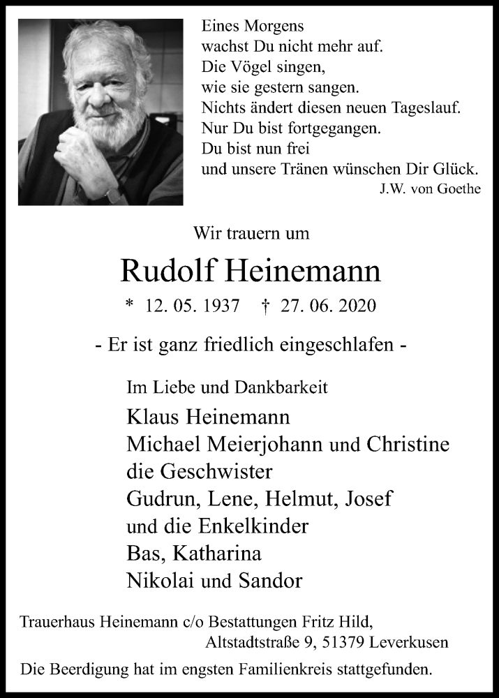  Traueranzeige für Rudolf Heinemann vom 04.07.2020 aus Kölner Stadt-Anzeiger / Kölnische Rundschau / Express