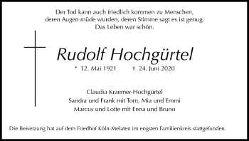 Anzeige von Rudolf Hochgürtel von Kölner Stadt-Anzeiger / Kölnische Rundschau / Express