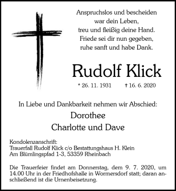 Anzeige von Rudolf Klick von  Schaufenster/Blickpunkt 