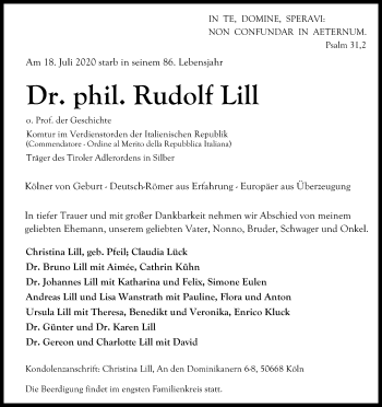 Anzeige von Rudolf Lill von Kölner Stadt-Anzeiger / Kölnische Rundschau / Express