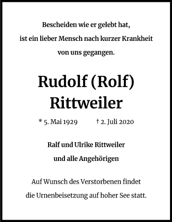 Anzeige von Rudolf Rittweiler von Kölner Stadt-Anzeiger / Kölnische Rundschau / Express