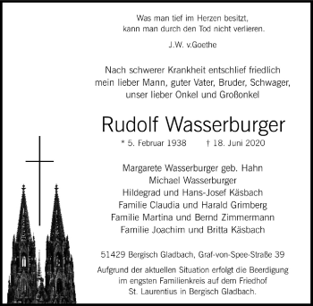 Anzeige von Rudolf Wasserburger von  Bergisches Handelsblatt 