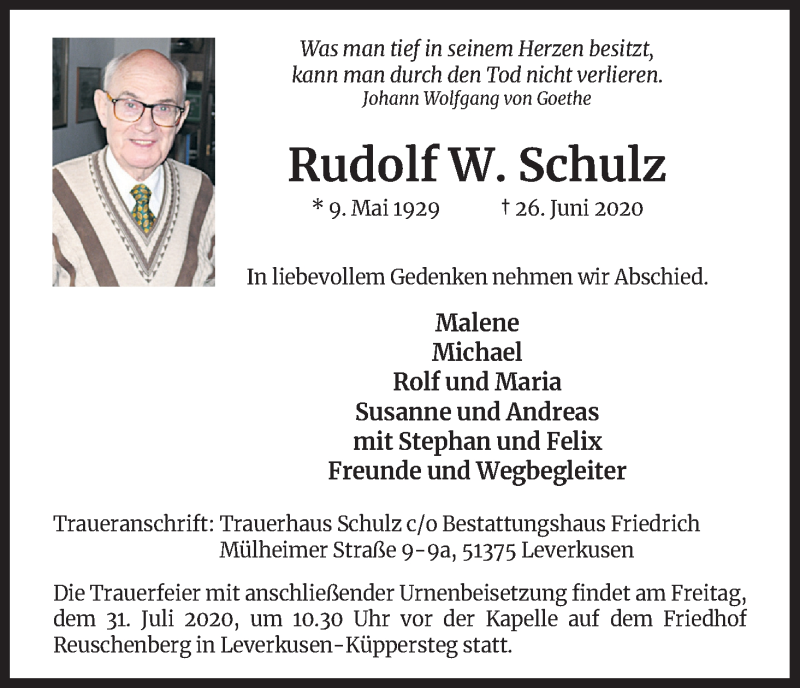  Traueranzeige für Rudolf W. Schulz vom 25.07.2020 aus Kölner Stadt-Anzeiger / Kölnische Rundschau / Express