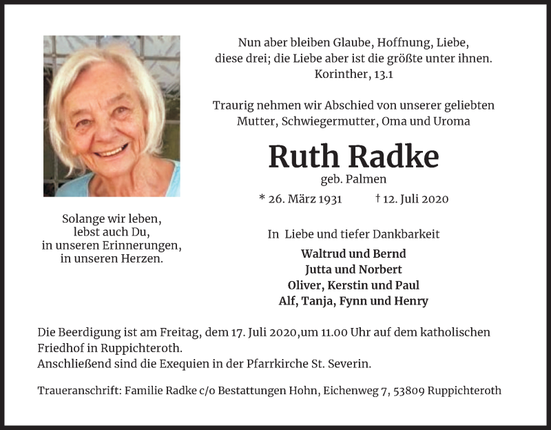  Traueranzeige für Ruth Radke vom 16.07.2020 aus Kölner Stadt-Anzeiger / Kölnische Rundschau / Express