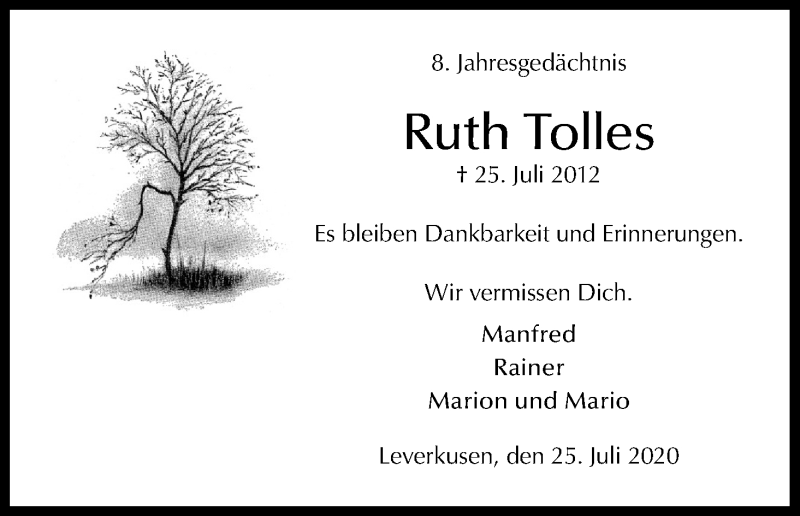  Traueranzeige für Ruth Tolles vom 25.07.2020 aus Kölner Stadt-Anzeiger / Kölnische Rundschau / Express