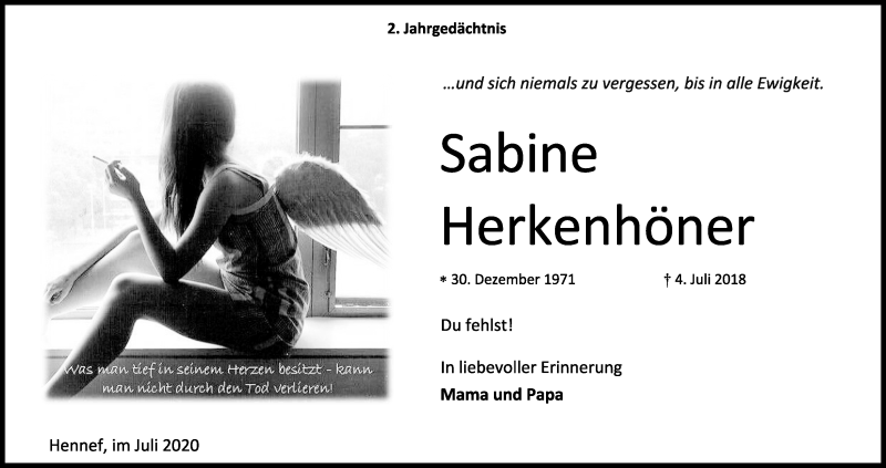  Traueranzeige für Sabine Herkenhöner vom 04.07.2020 aus Kölner Stadt-Anzeiger / Kölnische Rundschau / Express