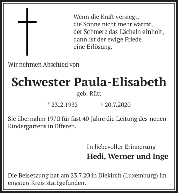 Anzeige von Schwester Paula-Elisabeth von  Wochenende  Schlossbote/Werbekurier 