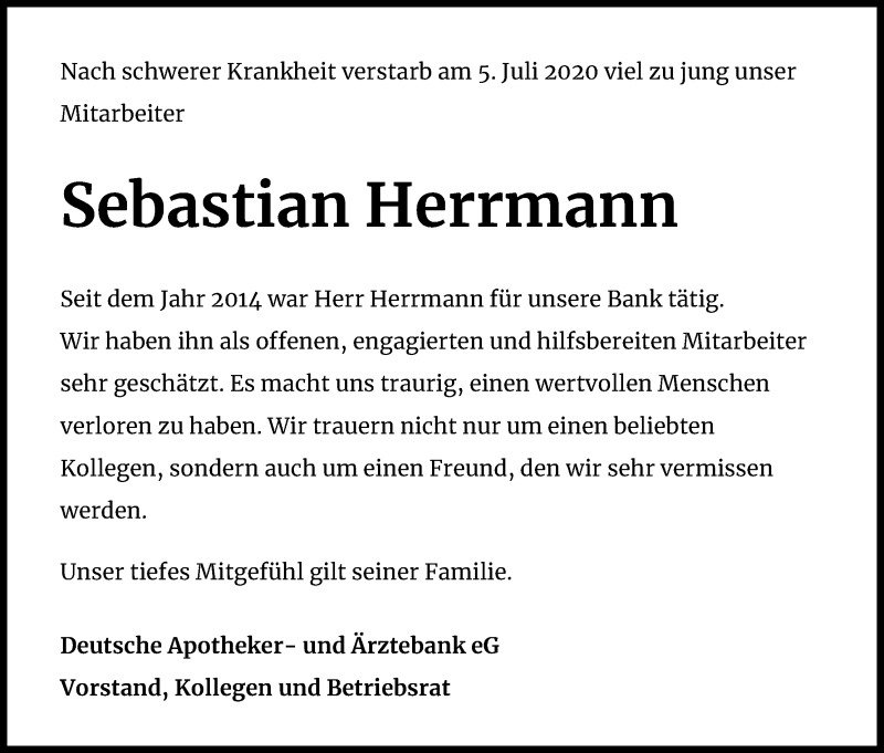  Traueranzeige für Sebastian Herrmann vom 17.07.2020 aus Kölner Stadt-Anzeiger / Kölnische Rundschau / Express