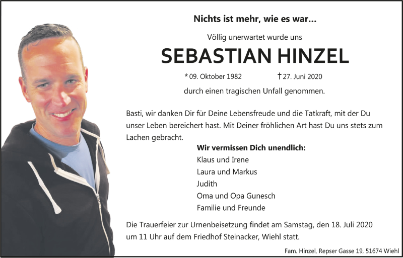  Traueranzeige für Sebastian Hinzel vom 10.07.2020 aus  Anzeigen Echo 