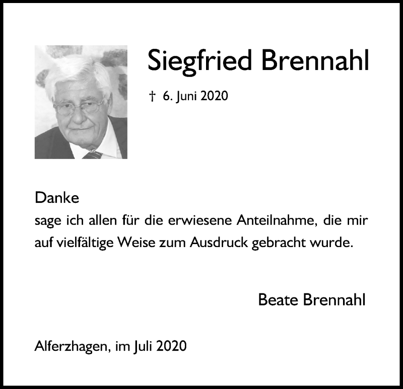  Traueranzeige für Siegfried Brennahl vom 25.07.2020 aus Kölner Stadt-Anzeiger / Kölnische Rundschau / Express