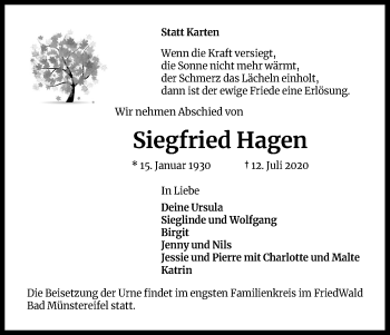 Anzeige von Siegfried Hagen von Kölner Stadt-Anzeiger / Kölnische Rundschau / Express