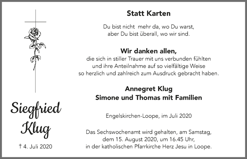  Traueranzeige für Siegfried Klug vom 31.07.2020 aus  Anzeigen Echo 