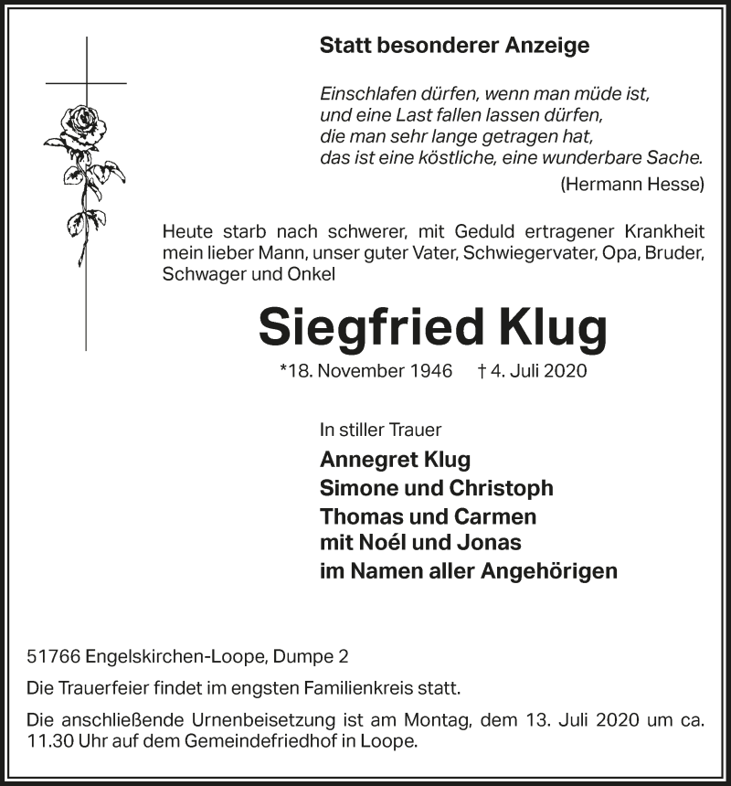  Traueranzeige für Siegfried Klug vom 10.07.2020 aus  Anzeigen Echo 