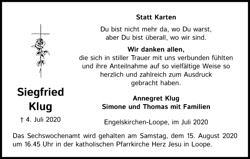  Traueranzeige für Siegfried Klug vom 29.07.2020 aus Kölner Stadt-Anzeiger / Kölnische Rundschau / Express