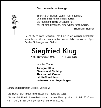 Anzeige von Siegfried Klug von Kölner Stadt-Anzeiger / Kölnische Rundschau / Express