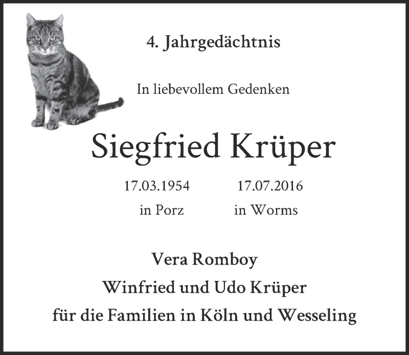  Traueranzeige für Siegfried Krüper vom 10.07.2020 aus  Kölner Wochenspiegel 