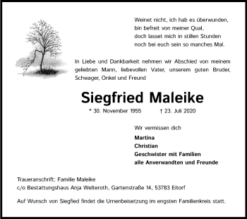 Anzeige von Siegfried Maleike von Kölner Stadt-Anzeiger / Kölnische Rundschau / Express