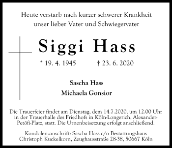 Anzeige von Siggi Hass von Kölner Stadt-Anzeiger / Kölnische Rundschau / Express